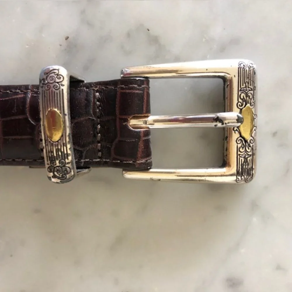 TALBOTS Crocodile Print Brown Western Silver Scroll Buckle Belt Large